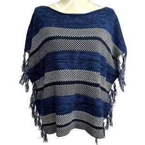 CHAPS Sweater Poncho Blue Stripe Fringed Size Large Boho Coastal Cowgirl Western